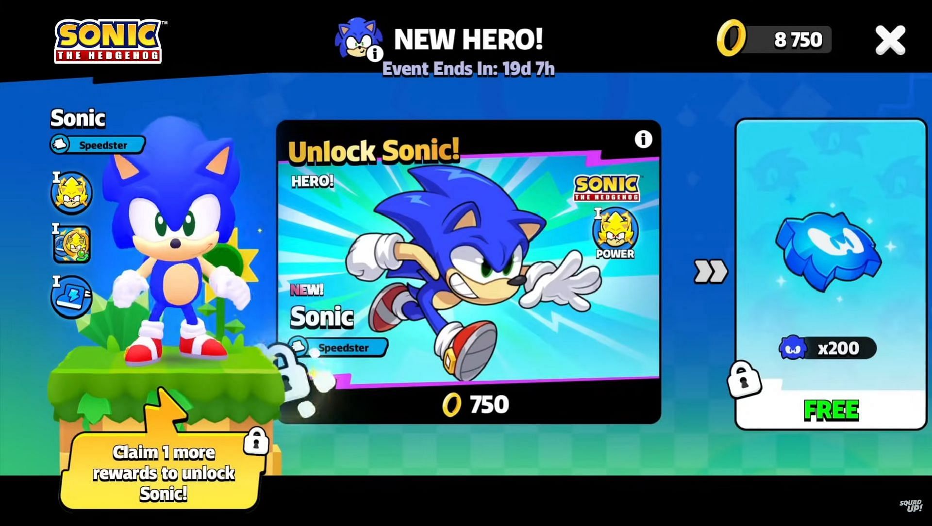 You will probably be able to unlock Sonic for 750 Rings during the event (Image via Supercell)